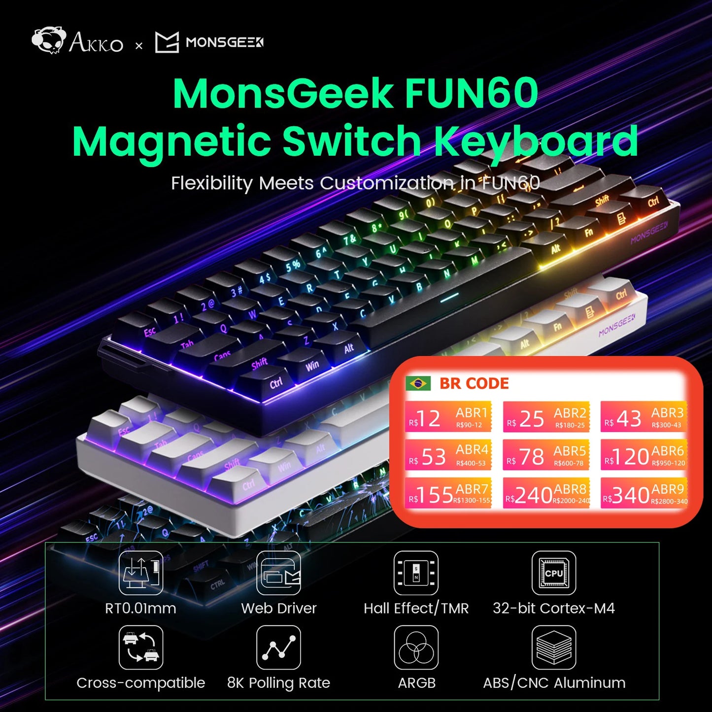 Monsgeek FUN60 Mechanical Keyboard Magnetic Switch 60% Gaming Keyboards Rapid Trigger 0.01Mm 8K ARGB HE/TMR Custom Keyboard