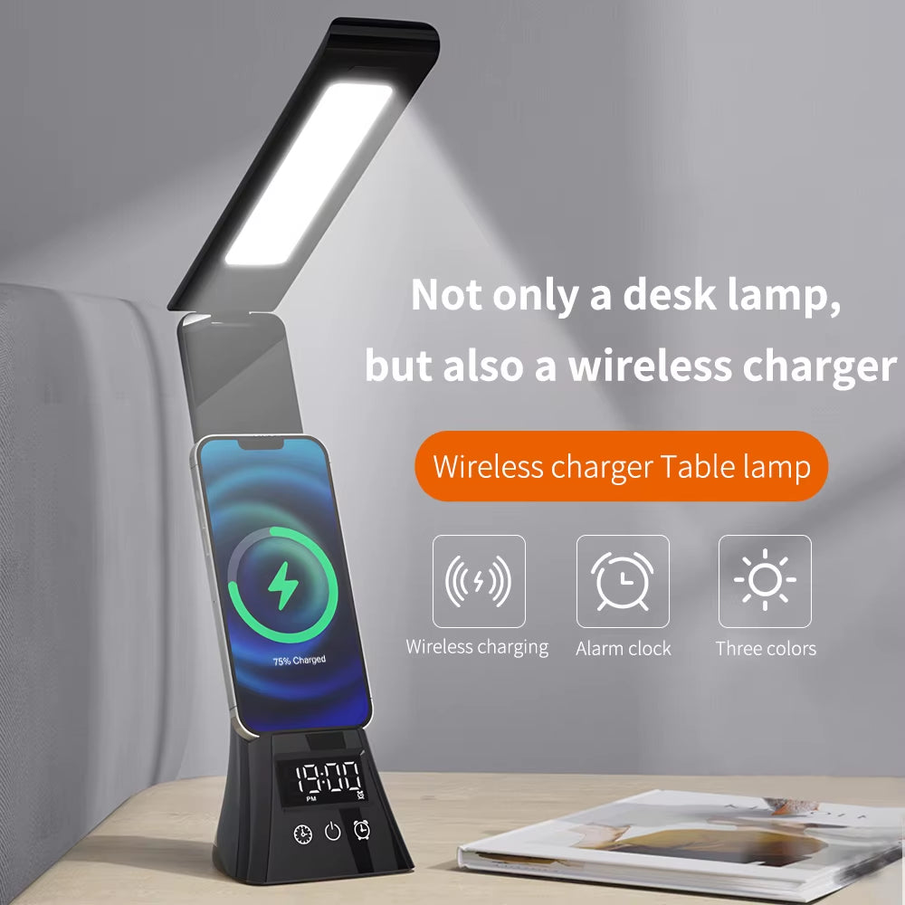15W Wireless Charger Stand LED Desk Table Lamp with Alarm Clock 3 Colors Dimmable Desk Light Fast Charging Station for Iphone
