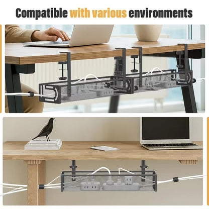 Under-Desk Cable Management Tray (No Drilling Required), Clip-On Metal Mesh Cable Management Tray, Home Office Cable Organiser