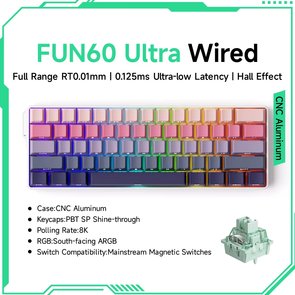 Monsgeek FUN60 Mechanical Keyboard Magnetic Switch 60% Gaming Keyboards Rapid Trigger 0.01Mm 8K ARGB HE/TMR Custom Keyboard