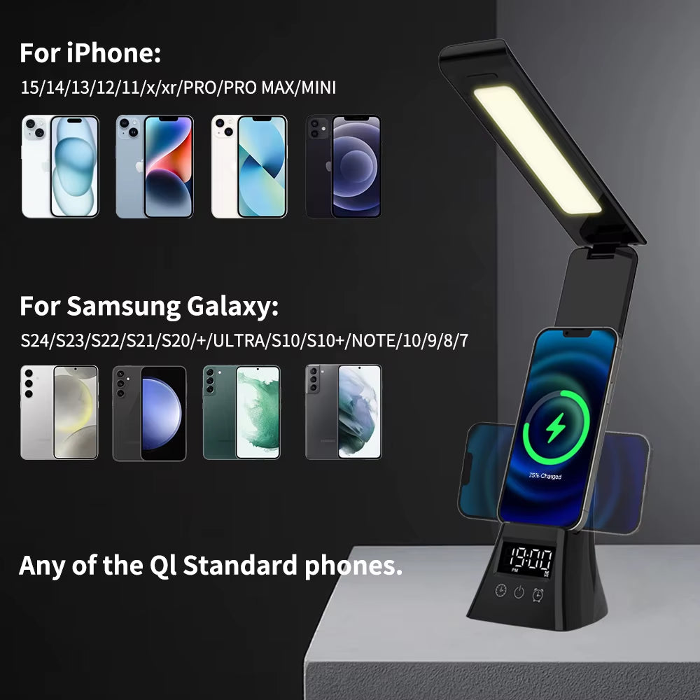 15W Wireless Charger Stand LED Desk Table Lamp with Alarm Clock 3 Colors Dimmable Desk Light Fast Charging Station for Iphone