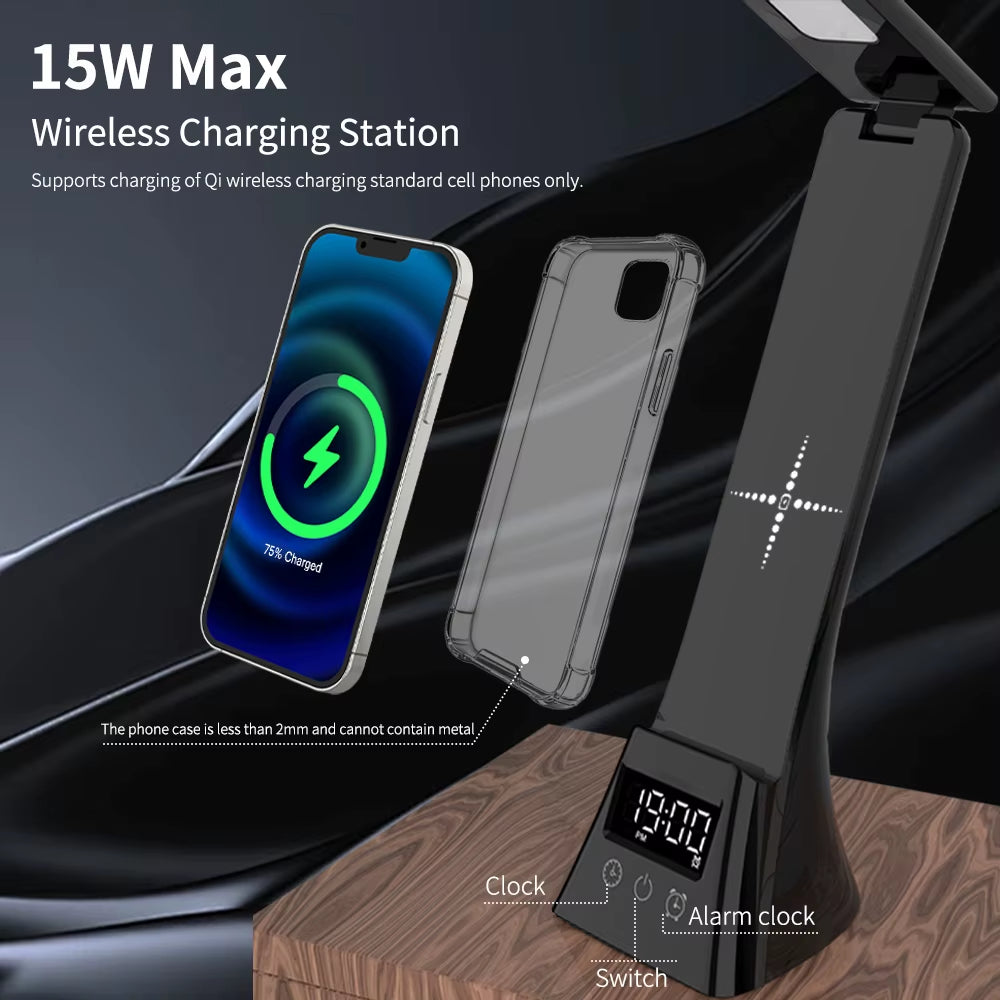 15W Wireless Charger Stand LED Desk Table Lamp with Alarm Clock 3 Colors Dimmable Desk Light Fast Charging Station for Iphone